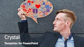  Presentation with communication - Cool new slides with woman with communication tag cloud backdrop and a tawny brown colored foreground