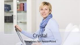  Presentation with anniversary 30 years - Cool new PPT theme with woman with computer notebook work backdrop and a  colored foreground