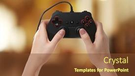  Presentation with entertainment - Slides consisting of woman with controller playing video game on blurred background leisure and entertainment background and a tawny brown colored foreground