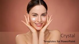  Presentation with product - Presentation theme having woman-with-cosmetic-product background and a coral colored foreground