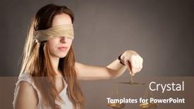  Presentation with justice - Audience pleasing PPT layouts consisting of woman with covered eyes holding a justice scale backdrop and a violet colored foreground