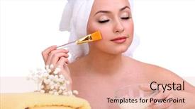  Presentation with face mask - Slides consisting of woman with cream for face background and a coral colored foreground