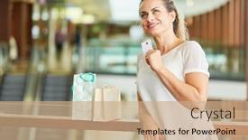  Presentation with mall - Beautiful PPT theme featuring woman with credit card while shopping considering a purchase in the mall backdrop and a coral colored foreground