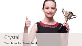  Presentation with award - Cool new slides with woman with cup award isolated on white backdrop and a lemonade colored foreground