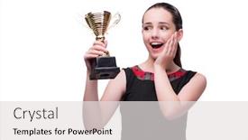  Presentation with award - Cool new presentation theme with woman with cup award isolated on white backdrop and a light gray colored foreground