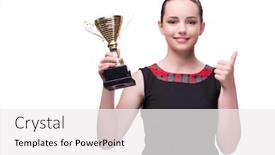  Presentation with award - Beautiful presentation theme featuring woman with cup award isolated on white backdrop and a white colored foreground