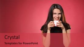  Presentation with hot chocolate - Presentation theme consisting of woman with cup of coffee tea or hot chocolate against the red background background and a red colored foreground
