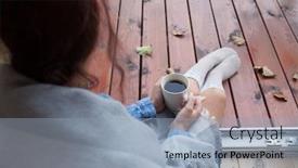  Presentation with fall leaves - Presentation theme enhanced with woman-with-cup-of-coffee background and a light blue colored foreground