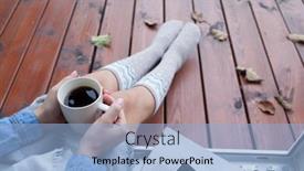  Presentation with fall leaves - PPT theme featuring woman-with-cup-of-coffee background and a light blue colored foreground