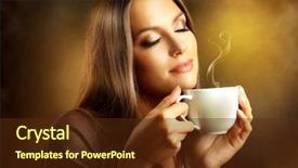  Presentation with cup coffee - Slide deck with woman with cup of coffee background and a tawny brown colored foreground