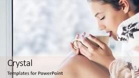  Presentation with snow tree - PPT theme featuring woman with cup of coffee background and a lemonade colored foreground