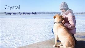  Presentation with friendship day - Theme enhanced with woman with cute dog near river on winter day friendship between pet and owner background and a sky blue colored foreground
