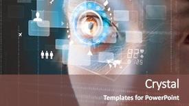  Presentation with eye retina - Colorful slide set enhanced with woman with cyber technology eye backdrop and a tawny brown colored foreground