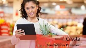  Presentation with digital electronics - Cool new slides with woman with digital tablet holding backdrop and a red colored foreground