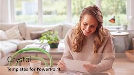 Presentation with digital - Amazing PPT theme having woman-with-digital-tablet-sitting backdrop and a coral colored foreground