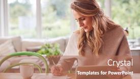  Presentation with digital - PPT theme with woman-with-digital-tablet-sitting background and a coral colored foreground