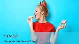  Presentation with blue food - Cool new slide deck with woman with doughnuts on blue backdrop and a cyan colored foreground