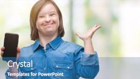  Presentation with hands down - Cool new PPT theme with woman with down syndrome showing backdrop and a  colored foreground