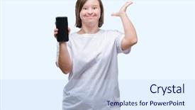  Presentation with hands down - Presentation design consisting of woman with down syndrome showing background and a  colored foreground