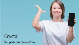  Presentation with hands down - Beautiful presentation theme featuring woman with down syndrome showing backdrop and a  colored foreground