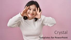  Presentation with hands down - Presentation with woman-with-down-syndrome-standing background and a soft green colored foreground