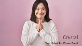  Presentation with hands down - Slide deck with woman-with-down-syndrome-standing background and a soft green colored foreground