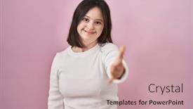  Presentation with acceptance - Presentation design with woman-with-down-syndrome-standing background and a soft green colored foreground