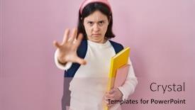  Presentation with hand palm - Theme featuring woman-with-down-syndrome-wearing background and a coral colored foreground