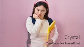  Presentation with hands down - PPT theme consisting of woman-with-down-syndrome-wearing background and a coral colored foreground