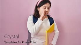  Presentation with talk - Presentation theme with woman-with-down-syndrome-wearing background and a coral colored foreground