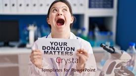  Presentation with mad scientist - PPT theme featuring woman-with-down-syndrome-working background and a coral colored foreground