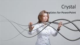  Presentation with wires - Amazing PPT theme having woman with electrical cables or wires curved lines backdrop and a light gray colored foreground