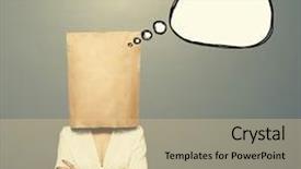  Presentation with paper bag - Presentation having woman with empty paper bag on the head and drawing speech balloon over dark background background and a lemonade colored foreground