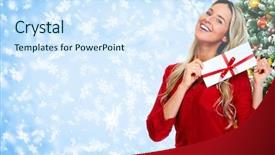  Presentation with woman praying over bible - Presentation theme consisting of woman with envelope over christmas background and a sky blue colored foreground