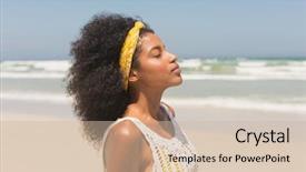  Presentation with african american - Audience pleasing presentation design consisting of woman with eyes closed standing backdrop and a soft green colored foreground