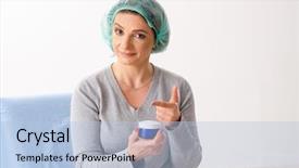  Presentation with face scrub cream - Beautiful presentation featuring woman with face cream bottles backdrop and a  colored foreground