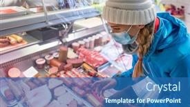  Presentation with face mask - Beautiful PPT layouts featuring woman-with-face-mask-shopping backdrop and a ocean colored foreground