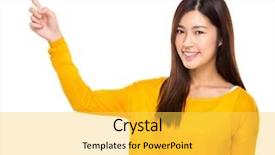  Presentation with finger point - Cool new slide set with woman with finger point up backdrop and a yellow colored foreground