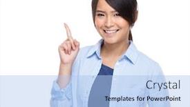  Presentation with finger point - Cool new presentation theme with woman with finger point up backdrop and a light blue colored foreground