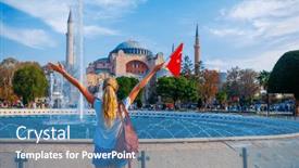  Presentation with vacation visit - PPT theme featuring woman-with-flag-in-istanbul background and a teal colored foreground