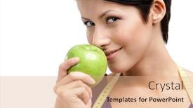  Presentation with flexible - Colorful theme enhanced with woman with flexible ruler eating healthy apple isolated on white backdrop and a coral colored foreground