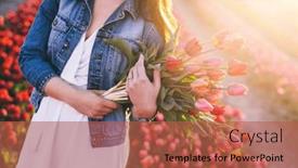  Presentation with tulip - PPT theme featuring woman-with-flowers-bouquet background and a red colored foreground