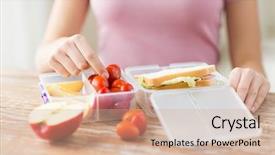  Presentation with plastic container - Audience pleasing PPT theme consisting of woman with food in plastic backdrop and a coral colored foreground