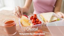  Presentation with plastic container - PPT theme enhanced with woman with food in plastic background and a coral colored foreground