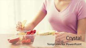  Presentation with plastic container - Presentation theme with woman with food in plastic background and a coral colored foreground