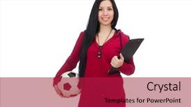  Presentation with football coach - Presentation theme enhanced with soccer coach - woman with football isolated background and a crimson colored foreground