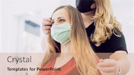  Presentation with face mask - Slide set featuring woman-with-fresh-hair-styling background and a coral colored foreground