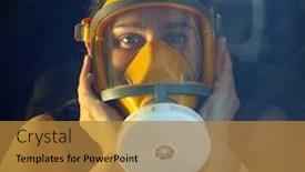  Presentation with face mask - Colorful presentation design enhanced with woman-with-full-face-respirator backdrop and a gold colored foreground