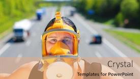  Presentation with traffic pollution - Amazing PPT theme having woman-with-fullface-respirator-over backdrop and a coral colored foreground