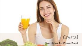  Presentation with kids health food - Audience pleasing presentation consisting of woman with glass of juice and healthy food on white background backdrop and a lemonade colored foreground